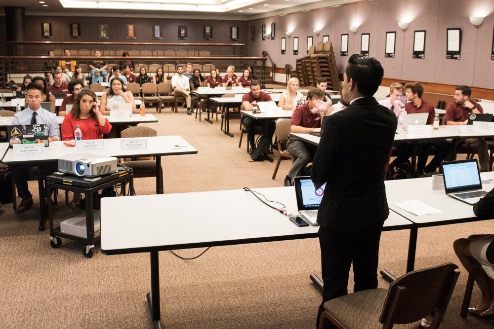 Cristian Torres, USG Tempe Senate President calls the first USG meeting of the 2016 year to order at the MU Union Stage.