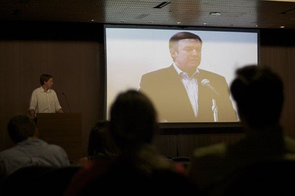 QUESTIONS FOR CROW: ASU President Michael Crow held an open forum on the West campus that was broadcasted to the other ASU campuses. On the Tempe campus there was a small turnout. (Photo by Scott Stuk)