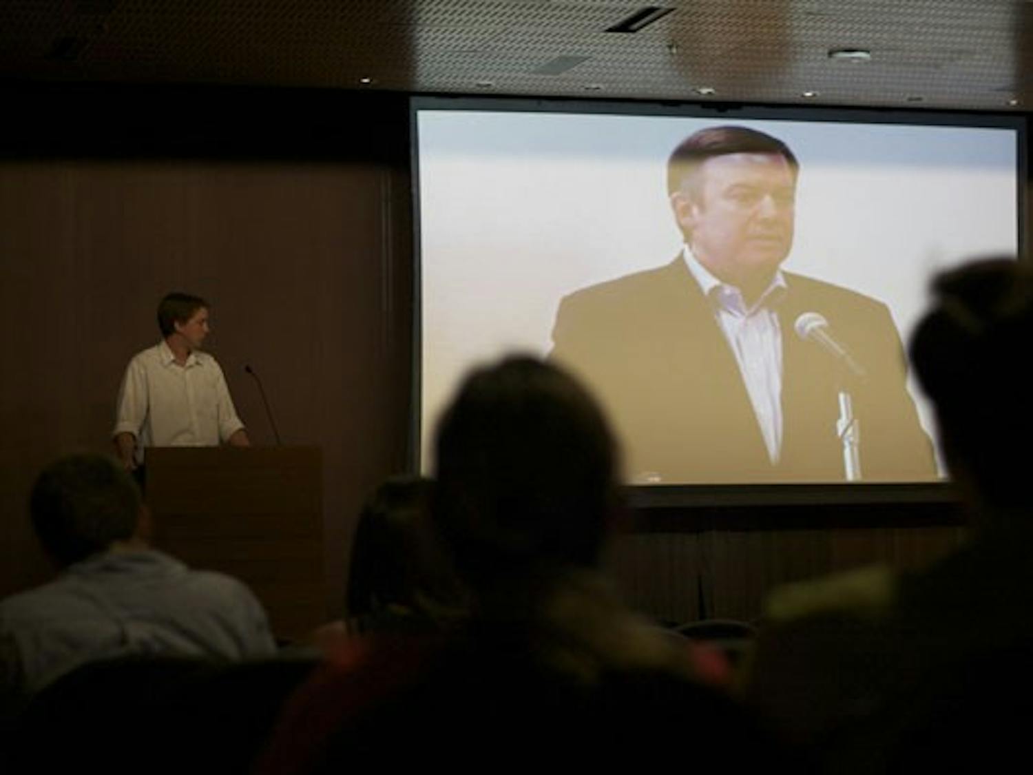 QUESTIONS FOR CROW: ASU President Michael Crow held an open forum on the West campus that was broadcasted to the other ASU campuses. On the Tempe campus there was a small turnout. (Photo by Scott Stuk)
