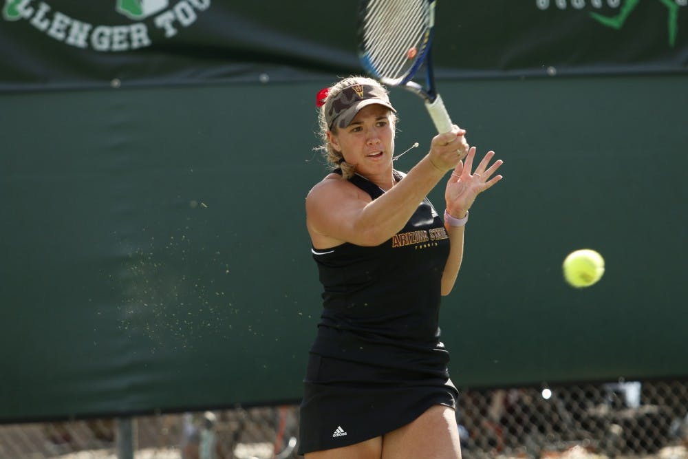ASU senior Kassidy Jump competes in a singles match against Nevada at the Whitemans Tennis Center in Tempe, Arizone on Friday Feb. 17, 2017. 