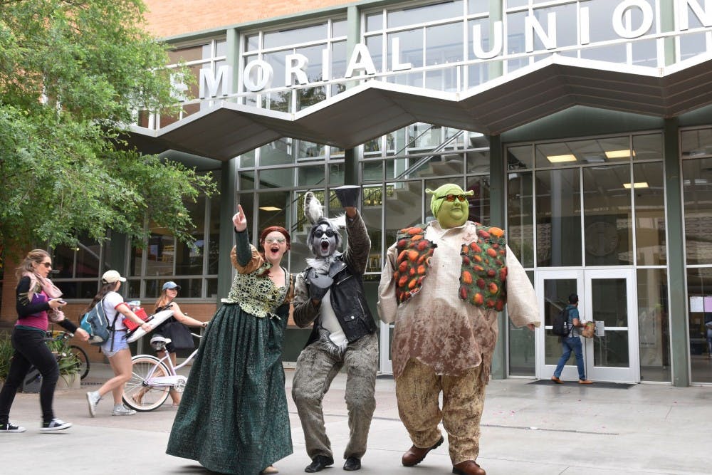 Cast members of upcoming Shrek the Musical pose for a photo on ASU's Tempe campus.