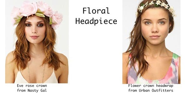 Floral headpieces are feminine, daring, and completely acceptable at a music festival. Photo courtesy of Nasty Gal and Urban Outfitters. Photo collage by Gabi Nelson
