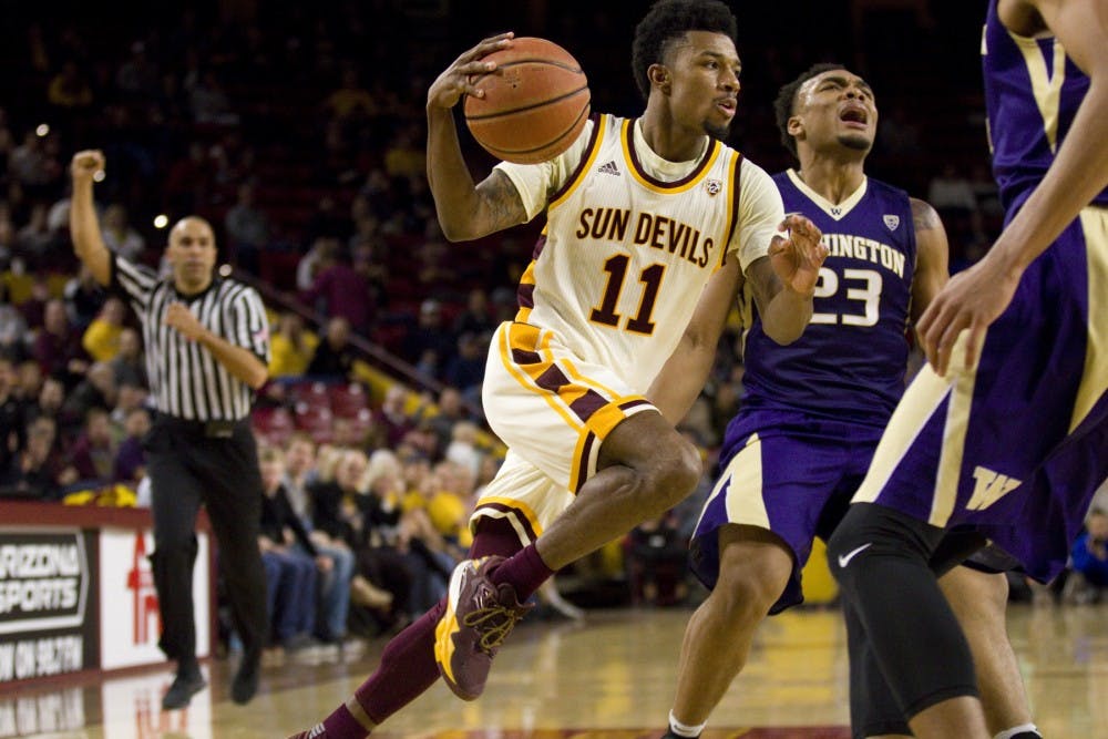 ASU junior guard Shannon Evans II (11) drives towards the basket during a men's basketball game against the University of Washington in Wells Fargo Arena in Tempe, Arizona on Wednesday, Jan. 25, 2017. ASU won the game 86-75. (Josh Orcutt/State Press)