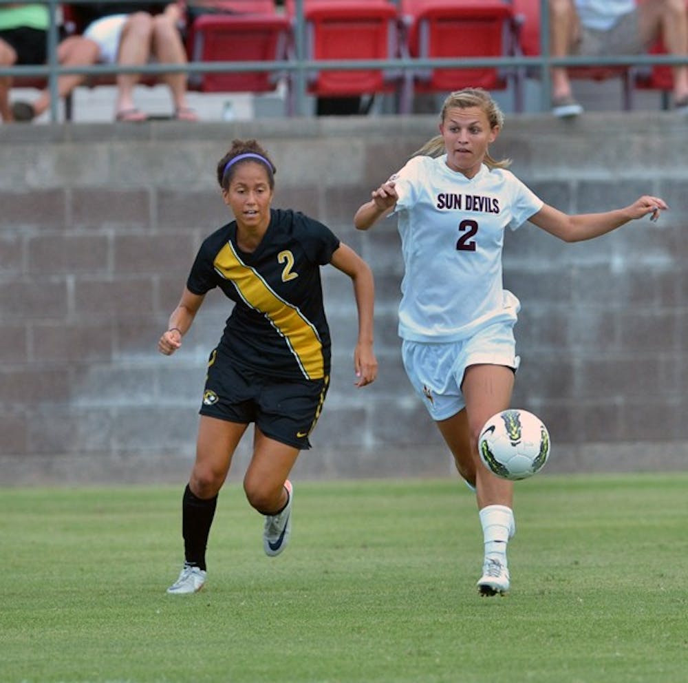 ANOTHER BLOW: ASU freshman forward Alexandra Doller looks upfield with the ball during the Sun Devils’ loss to Missouri on Sept. 11. Doller is likely out for the season after suffering an ACL tear last week. (Photo by Aaron Lavinsky)