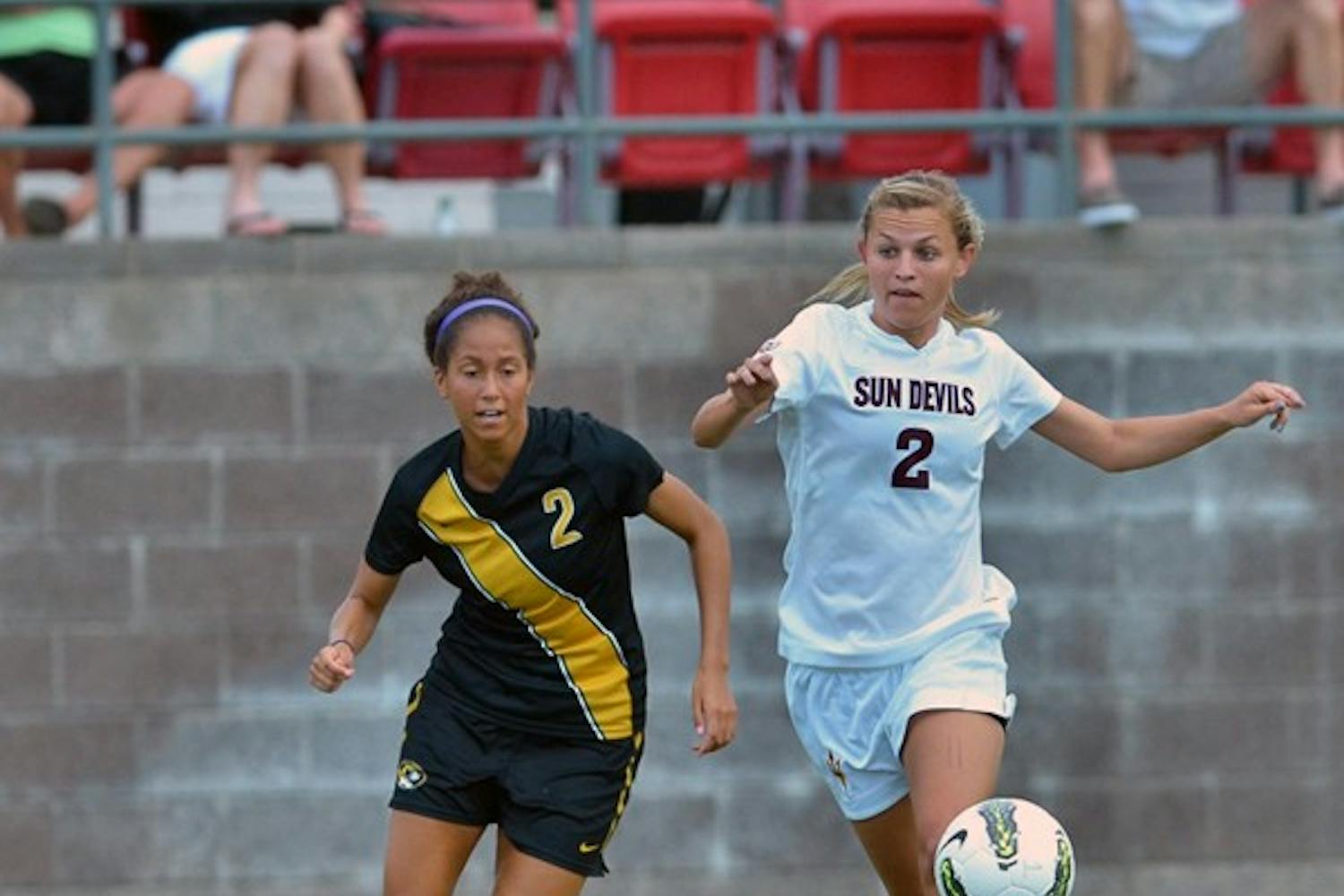 ANOTHER BLOW: ASU freshman forward Alexandra Doller looks upfield with the ball during the Sun Devils’ loss to Missouri on Sept. 11. Doller is likely out for the season after suffering an ACL tear last week. (Photo by Aaron Lavinsky)