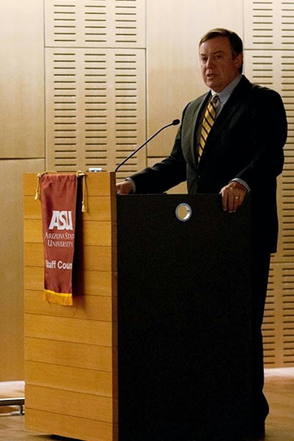 President Michael Crow answers questions at a Q&A session on April 29, which was broadcasted live to all ASU campuses.  (Photo by Mario Mendez)