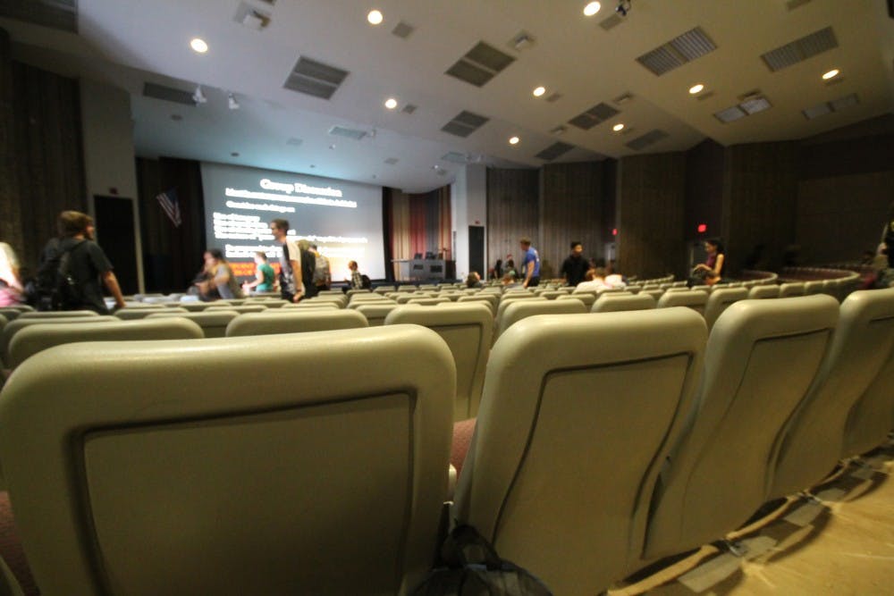 Students leave L.S. Neeb Hall after a lecture on ASU's Tempe Campus on Tuesday, Feb. 23, 2016. 