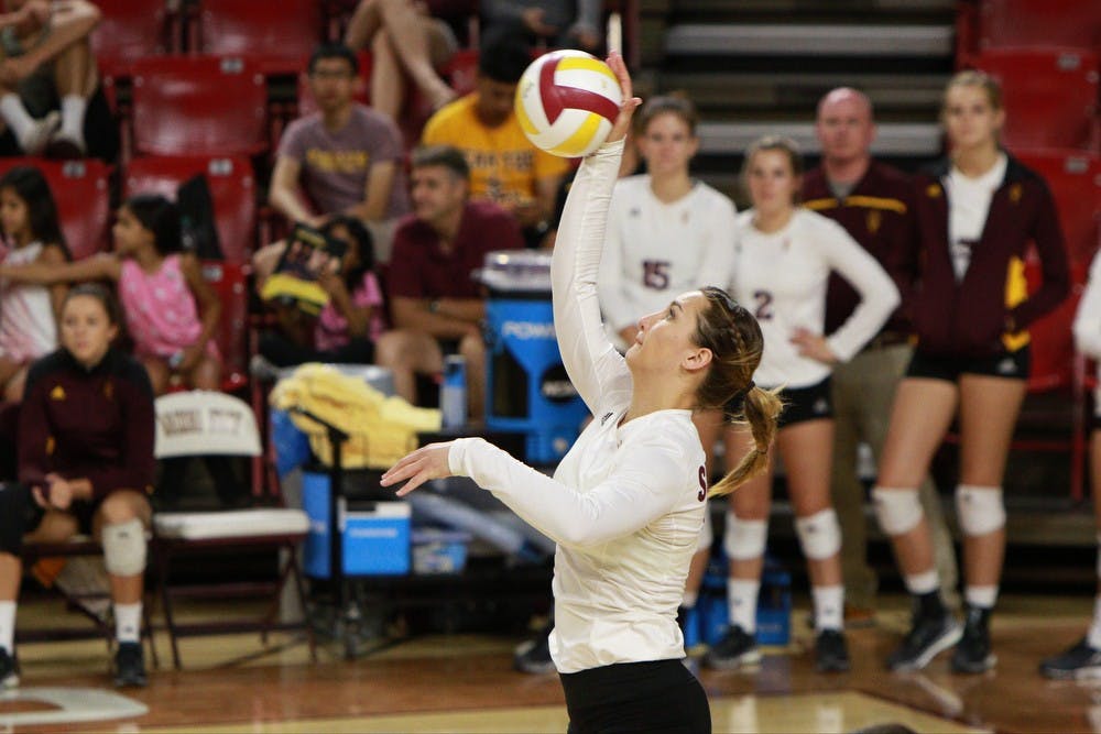 Senior outside hitter Macey Gardner serves the ball in the third set against Oregon State Sunday, Sept. 27, 2015 at Wells Fargo Arena in Tempe. The Sun Devils defeated the Beavers three games to none to improve to 13-0 on the season (25-18, 25-19, 25-20).