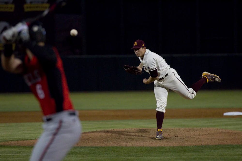 ASU junior pitcher Eli Lingos (15) delivers a strike to the plate during a baseball game against the UNLV Rebels at Phoenix Municipal Stadium in Phoenix, Arizona&nbsp;on Tuesday, April 11, 2017. ASU won 5-3.