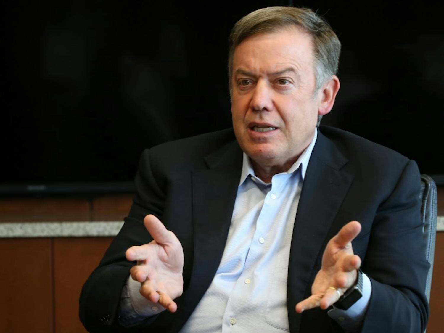 ASU President Michael Crow talks with the State Press editorial board on Oct. 6, 2016, in the Fulton Center in Tempe. 