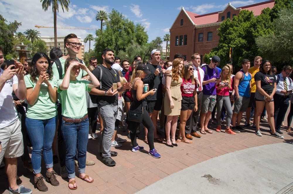 Undergraduate Student Government candidates and ASU students wait to hear election results on March 31 in front of the Old Main on Tempe campus.&nbsp;