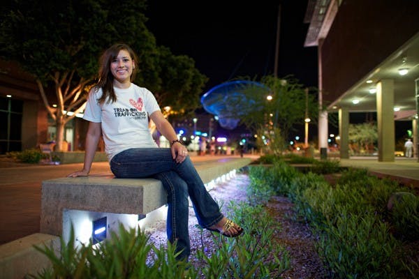 Michelle Rivas, a sophomore Journalism student, is lacing up her running shoes to help raise money to fight human trafficking. Love 146, an online group that raises awareness and resources to combat child trafficking, created the global "Tread On Trafficking" event and Rivas will be running throughout the month of May to encourage her sponsors to donate for every mile she covers. (Photo by Michael Arellano)