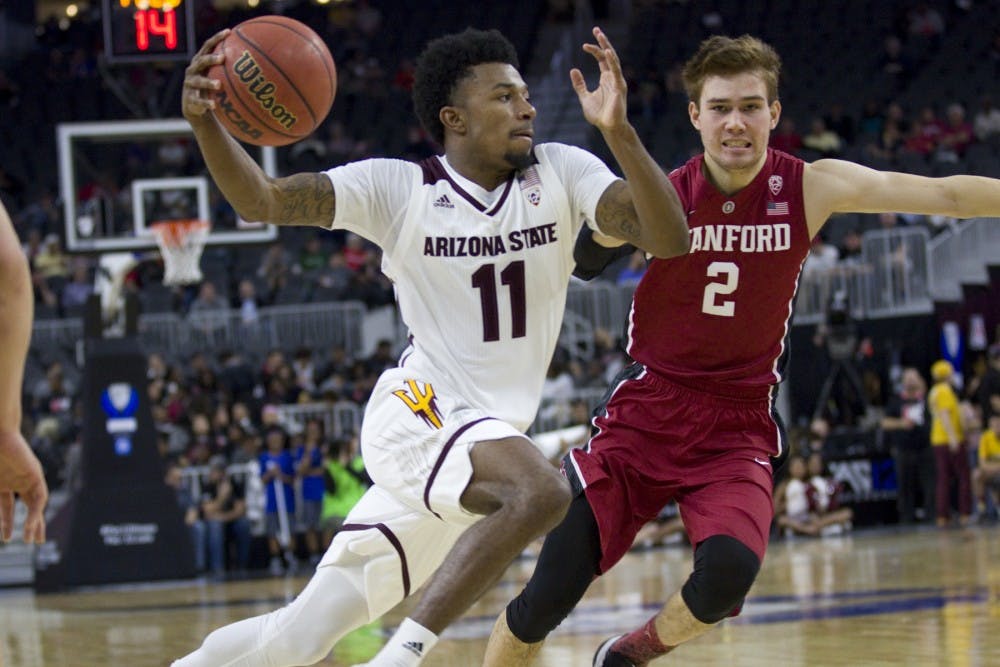 ASU junior guard Shannon Evans II (11) drives towards the basket during the second half of a first-round PAC-12 Tournament matchup versus the Stanford Cardinal in T-Mobile Arena in Las Vegas, Nevada on Wednesday, March 8, 2017. ASU won in overtime 98-88.