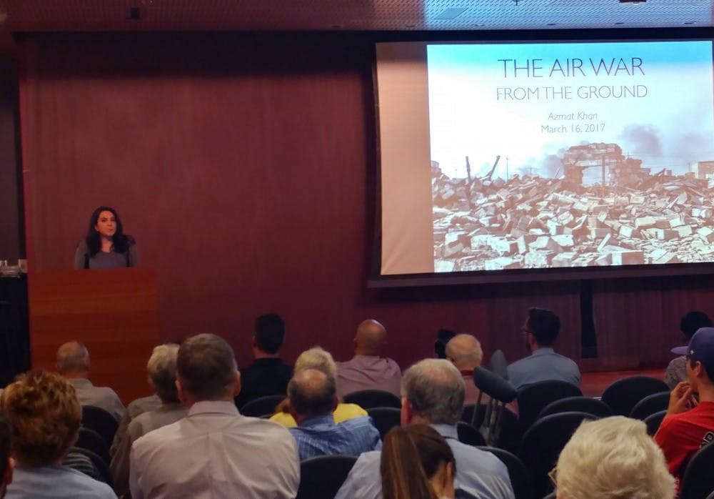 Azmat Khan speaks about her experience with the air war in the Middle East and South Asia on March 16, 2017.