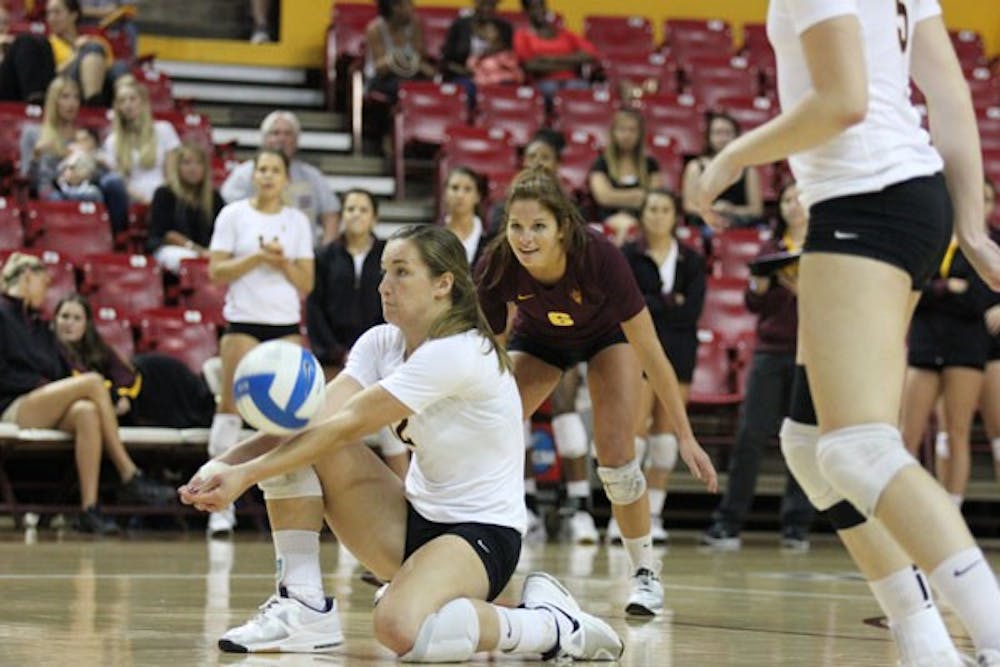 Freshman outside hitter Macey Gardner bumps up the ball back into play, during the Sun Devils’ 3-0 win over California on Sept. 28. (Photo by Kyle Newman)