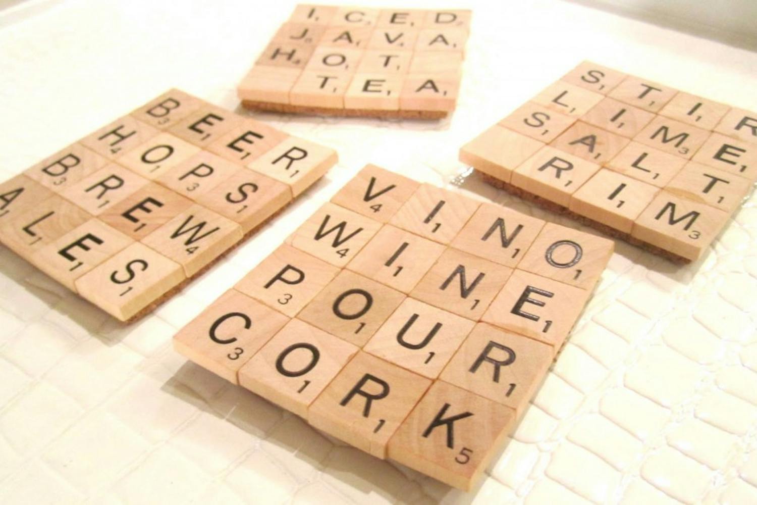 A Scrabble-tile coaster is the perfect asset to great home décor. Photo taken by Domestic For Dummies.