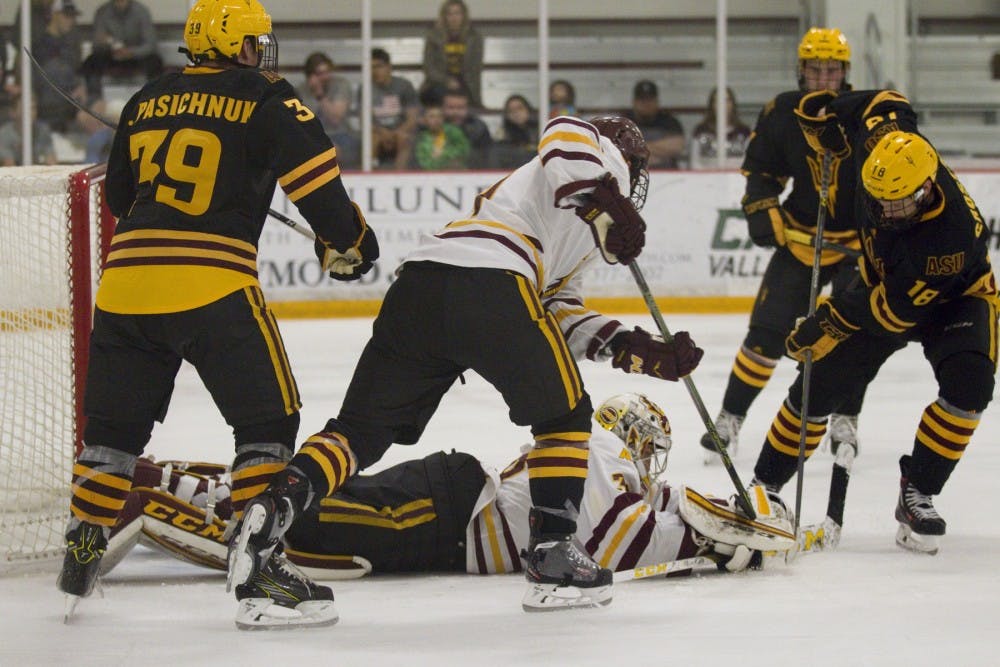 ASU senior goaltender Robert Levin (38) makes a save during the annual Maroon and Gold Scrimmage at Oceanside Ice Arena, in Tempe, Arizona on Saturday, Oct. 1, 2016. The maroon team won 4-3 in overtime.