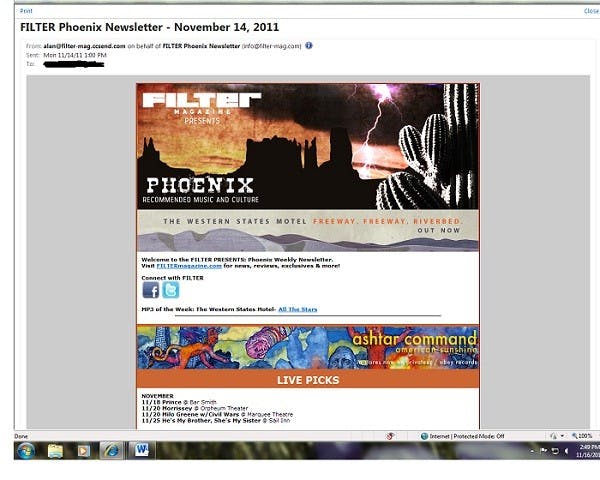 Phoenix recently graced the webpage of the Filter Magazine Newsletter. Photo courtesy of Filter Magazine. 