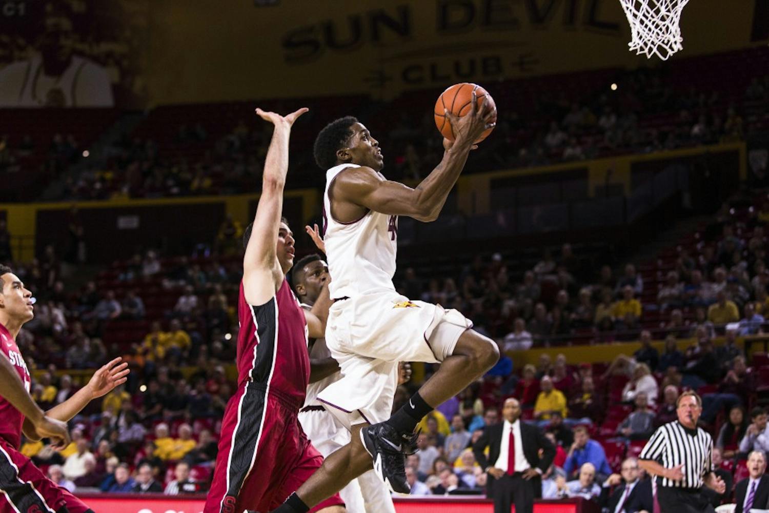 ASU senior forward Shaquielle McKissic drives to the hoop at the ASU vs. Stanford basketball game at the Wells Fargo Arena on March 5, 2015. McKissic had a team leading 23 points. (Daniel Kwon/The State Press)