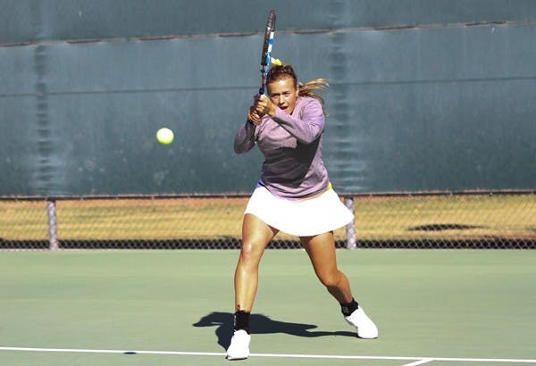 LAST ONE OUT: ASU senior Michelle Brycki returns the ball during a match at the ASU Thunderbird invitational on Sunday. Brycki had a solid tournament but fell in the quarterfinals. (Photo by Lisa Bartoli)