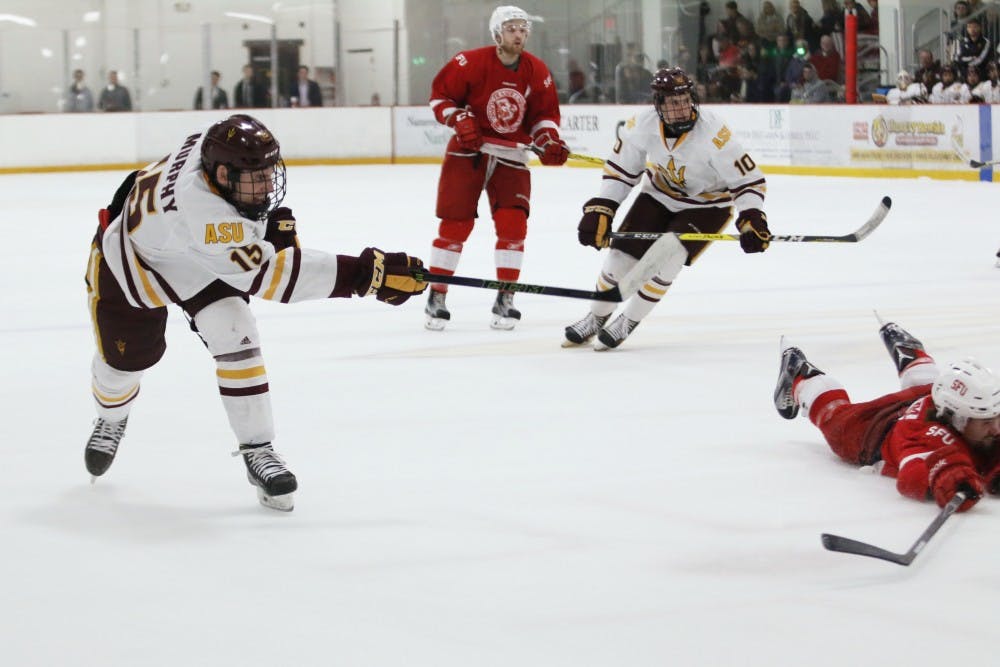 Junior Wade Murphy (15) takes a shot in the game against Simon Fraser at the Oceanside Ice Arena in Tempe, Arizona on Saturday, Feb. 11, 2017.  