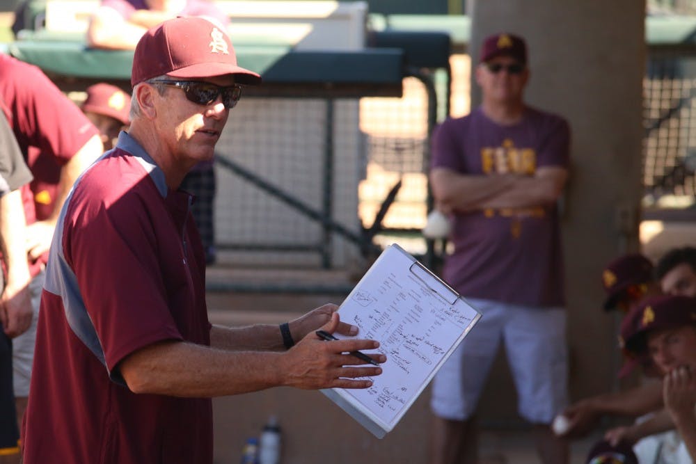 Arizona State baseball Coach Tracy "Skip" Smith talks with the team after the Maroon and Gold scrimmage at the Phoenix Municipal Stadium on Saturday, Feb. 13, 2016. 
