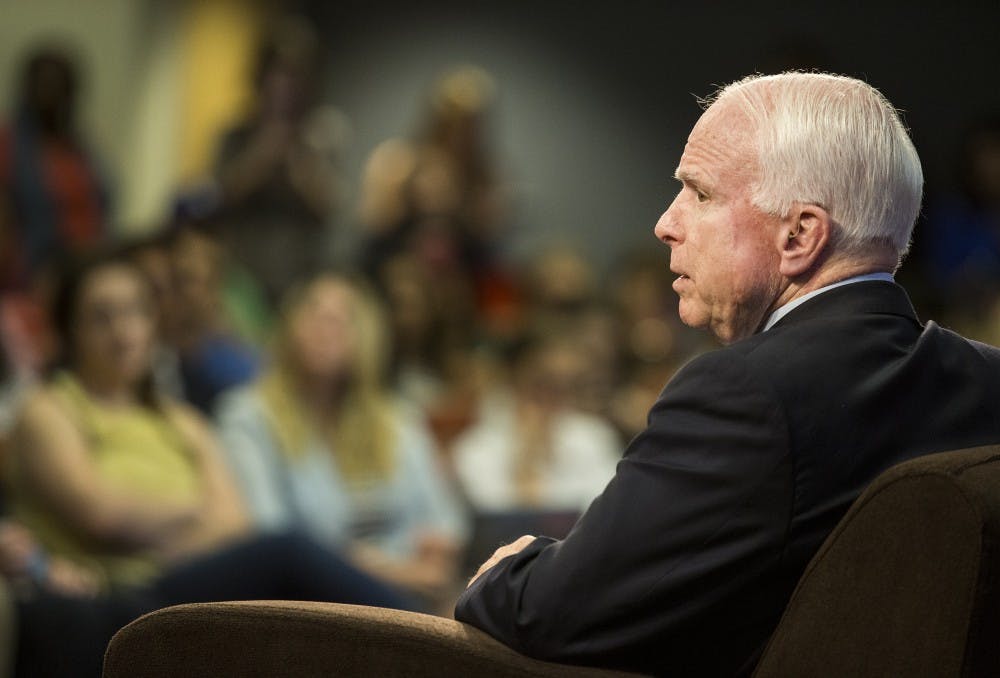 Republican Senator John McCain addresses Arizona State University students and media members in the Walter Cronkite School of Journalism and Mass Communication in Downtown Phoenix on Friday, Feb. 19, 2016. This lecture, titled the "America and the New Century" is part of Cronkite's "Iconic Voices" series. 