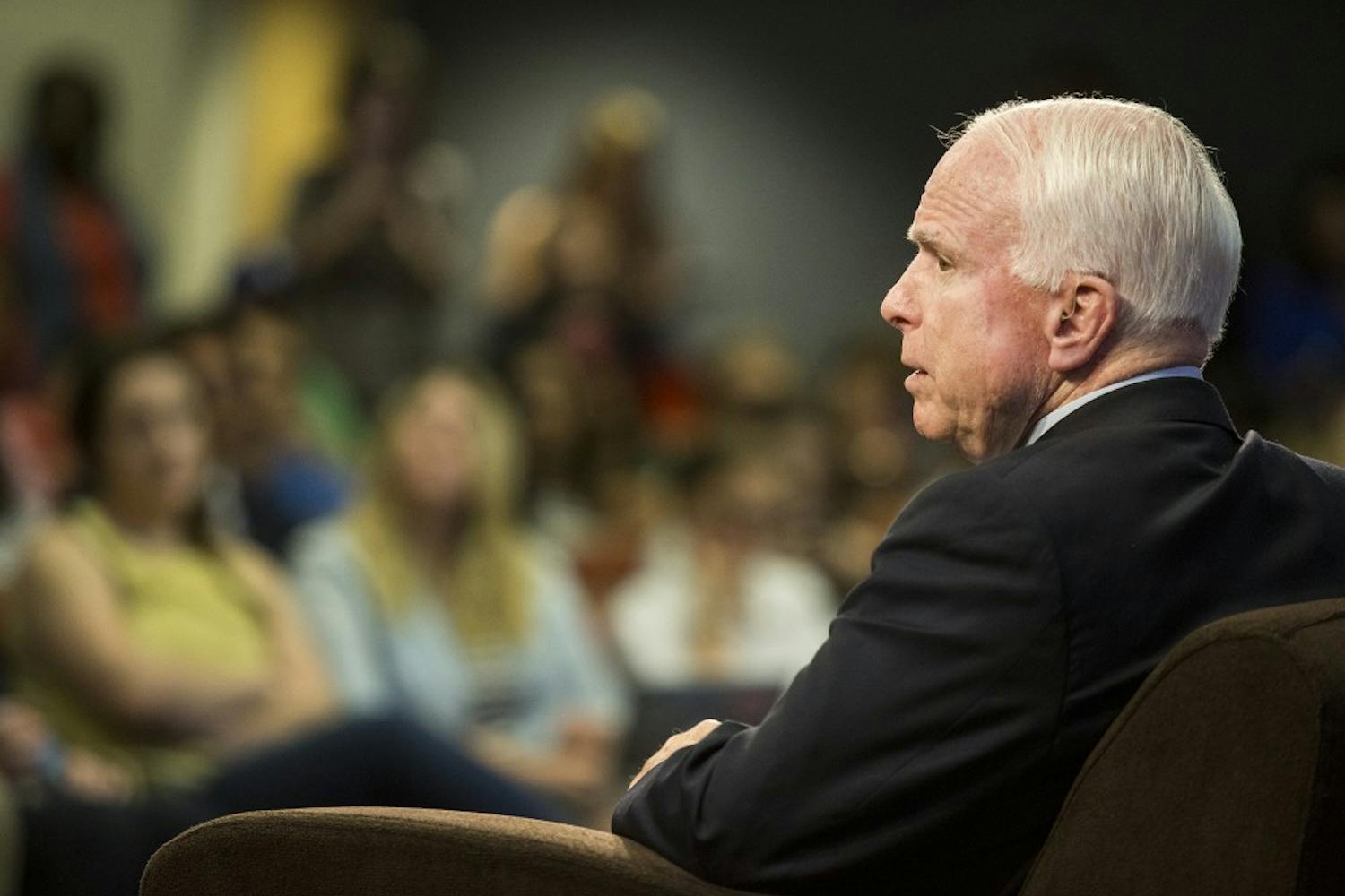 Republican Senator John McCain addresses Arizona State University students and media members in the Walter Cronkite School of Journalism and Mass Communication in Downtown Phoenix on Friday, Feb. 19, 2016. This lecture, titled the "America and the New Century" is part of Cronkite's "Iconic Voices" series.