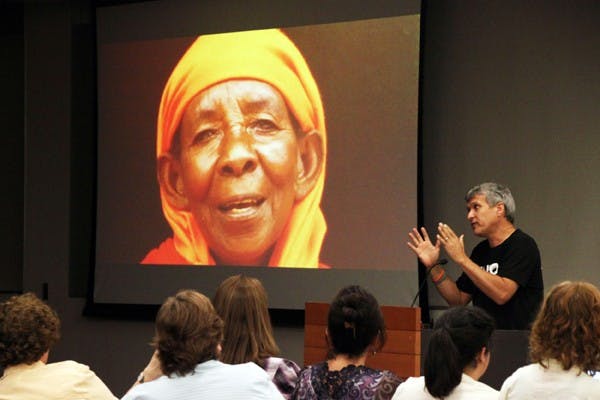 SHARING EXPERIENCE:Carl Wilkens speaks about his new book and his experiences being the only American to remain in Rwanda throughout the 1994 genocide at the Memorial Union on Wednesday night. (Photo by Rosie Gochnour)