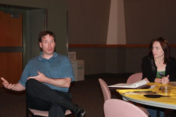 BODY IMAGE DISCUSSION: Student Counseling Services Assistant Director Daniel Schulte, left, led the discussion on the media’s portrayal of body image in ads, and Lauryn Vosburgh, right, health educator for Wellness and Health Promotion, was another faculty contributor. (Photo by Rheyanne Weaver)