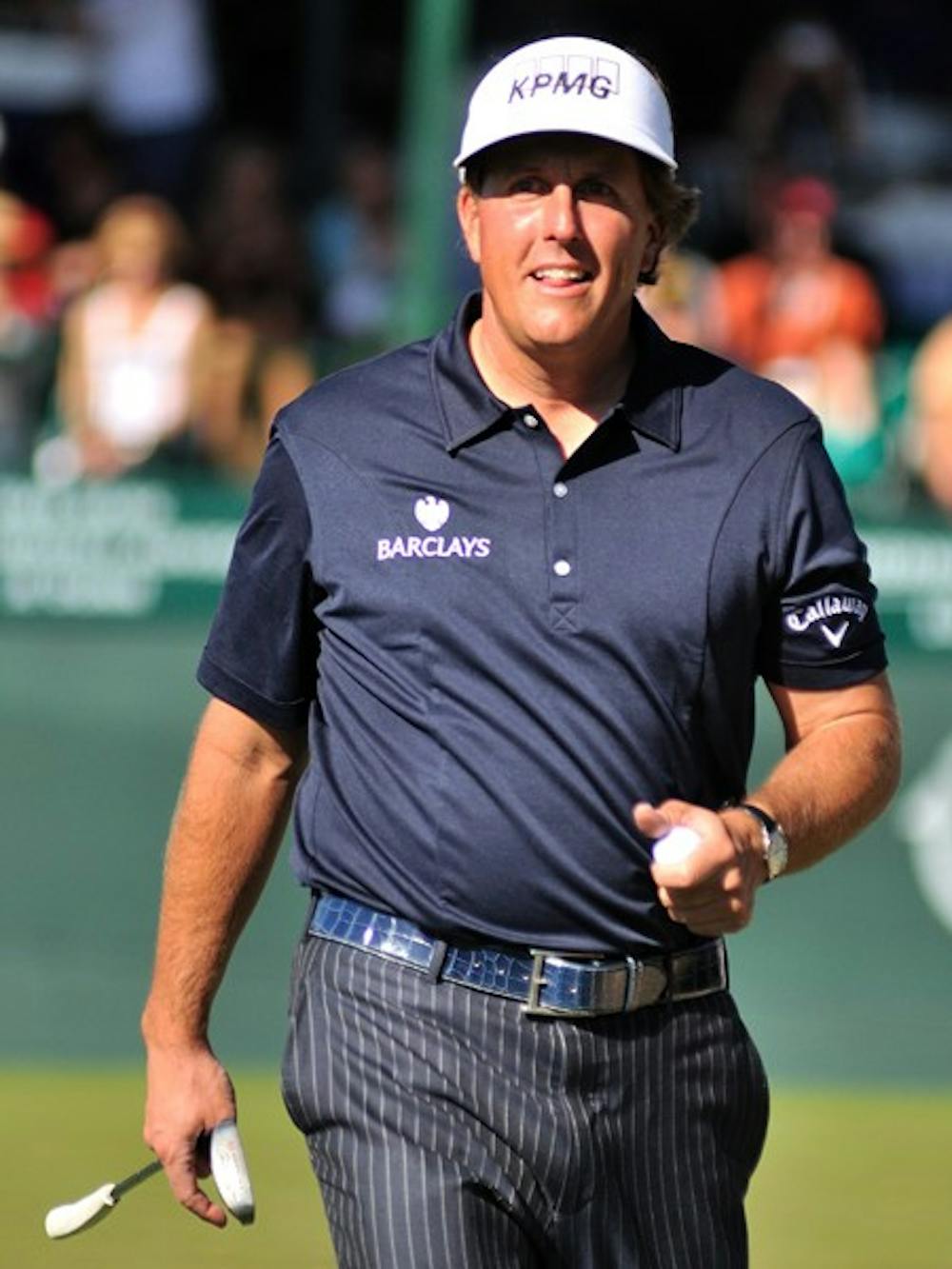 ASU alumnus Phil Mickelson reacts to a welcoming crowd Sunday at the Waste Management Phoenix Open in Scottsdale. (Photo by Aaron Lavinsky)