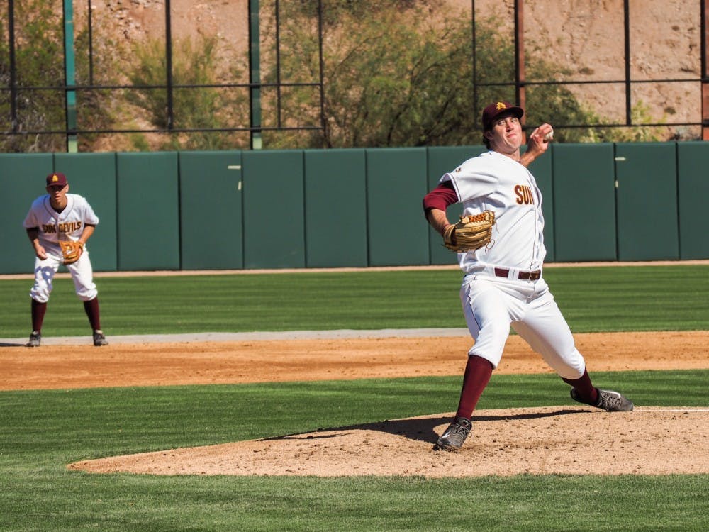 Junior pitcher Ryan Kellogg fires from the mound during Saturday's intrasquad scrimmage on Feb. 7, 2015, at Phoenix Municipal Stadium. (J. Bauer-Leffler/ The State Press)
