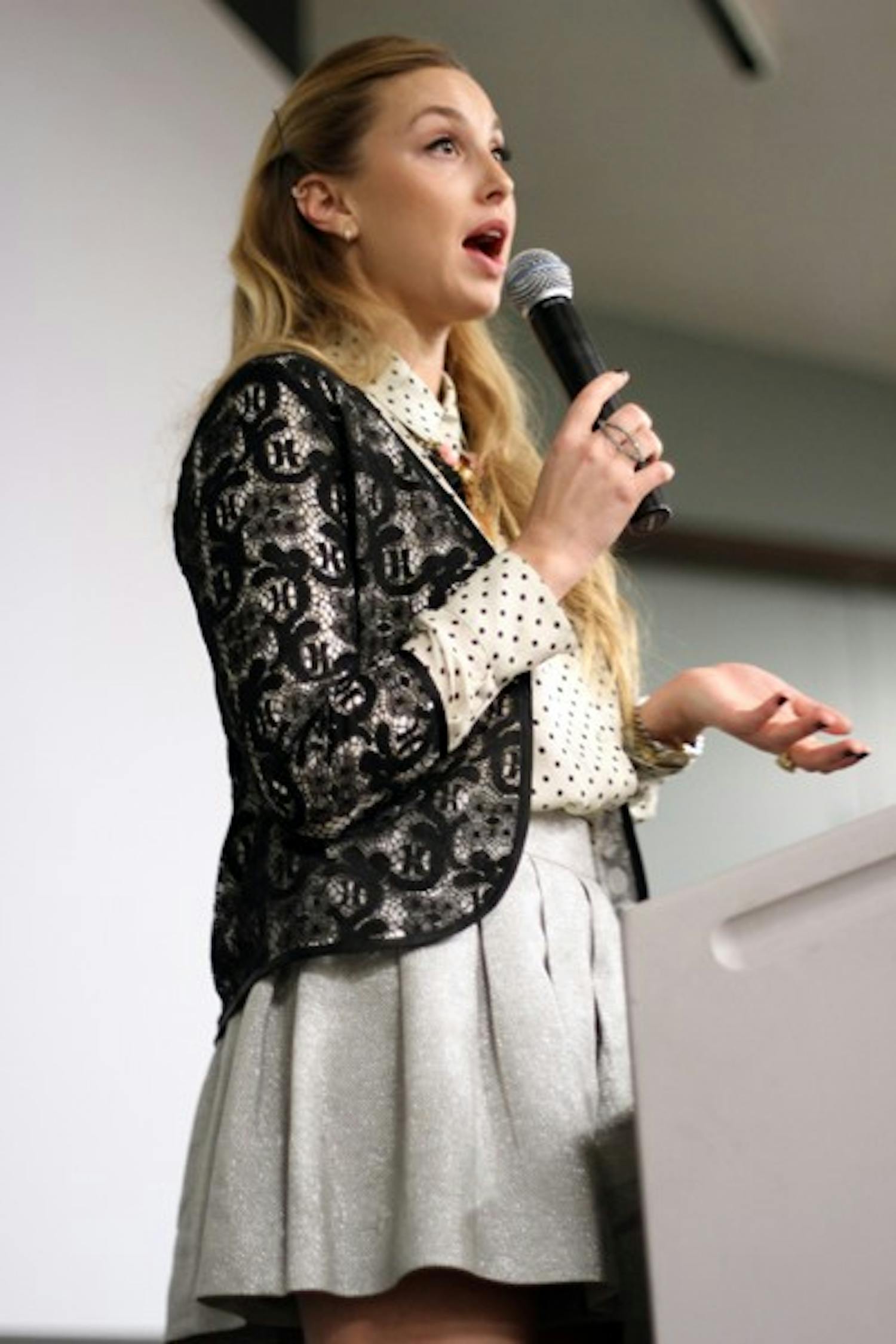Fashion designer and star of reality show "The Hills" Whitney Port spoke to ASU students on the Tempe campus Wednesday night about her fashion career and how to make it as an entrepreneur. (Photo by Lisa Bartoli)