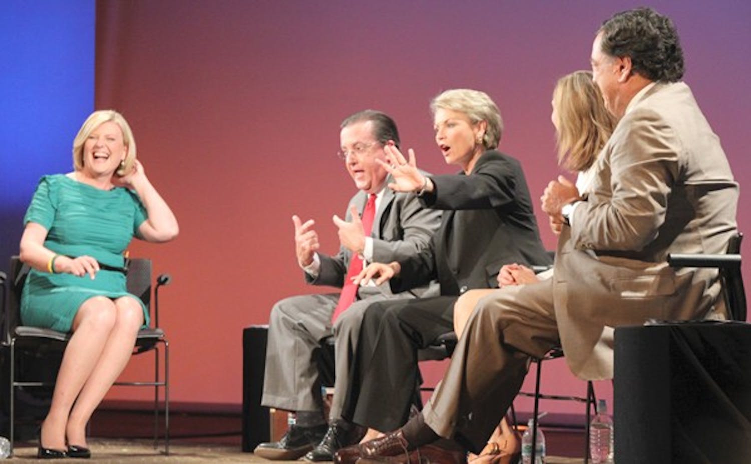 WATER TALK: NBC News' Anne Thompson moderates a discussion Thursday night at the Discovery Town Hall event at the Galvin Playhouse between (from left to right) Sustainability Scholar, Grady Gammage Junior, General Manager of Nevada Water Authority, Patricia Mulroy, Director of Communications for Climate Central, Dr. Heidi M. Cullen, and former Governor of New Mexico Bill Richardson as they examine how shifting climate patterns are stressing our freshwater resources and how we can develop better, more sustainable water practices. (Photo by Rosie Gochnour)
