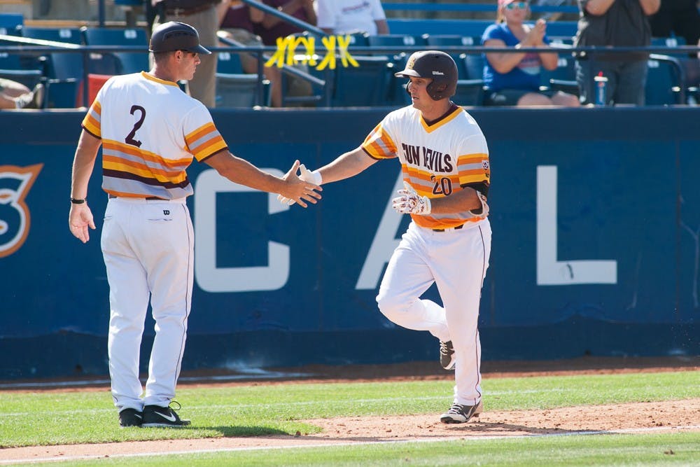 Redshirt senior right fielder Trever Allen rounds third base after hitting a solo home run against Clemson on Friday, May 29, 2015, at Goodwin Field in Fullerton, California. The Sun Devils defeated the Tigers 7-4.