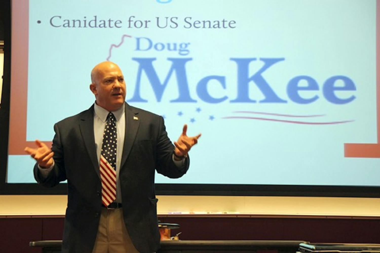 TALKING POLITICS: Senate candidate Doug McKee spoke and answered questions from the College Republicans in Coor Hall on the Tempe campus Thursday night. (Photo by Rosie Gochnour)