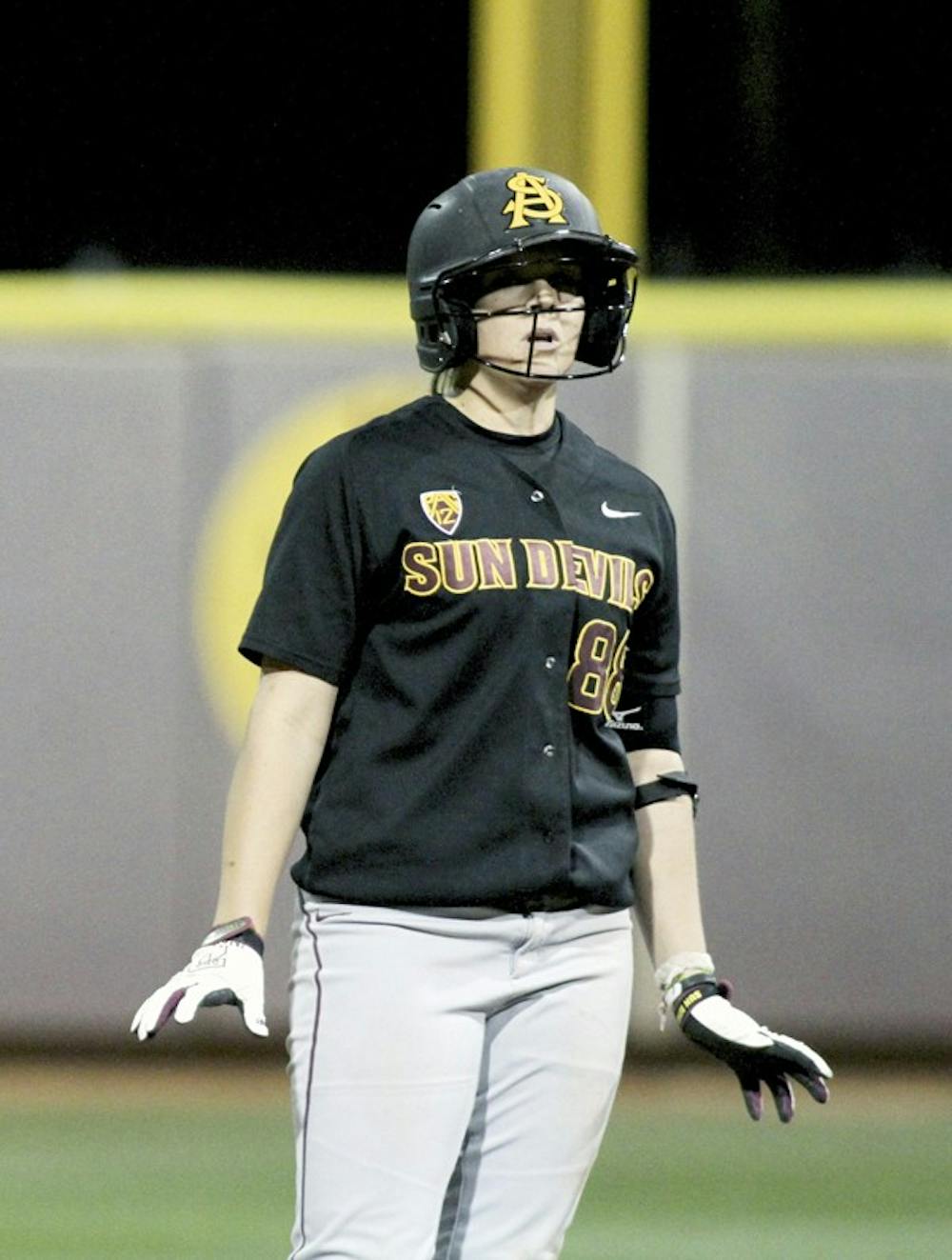 Annie Lockwood stands at second base in a game against UCLA on April 6. Lockwood and the Sun Devils have won eight of their last 10 games and are inching closer to No. 1 California in the Pac-12 standings. (Photo by Sam Rosenbaum)