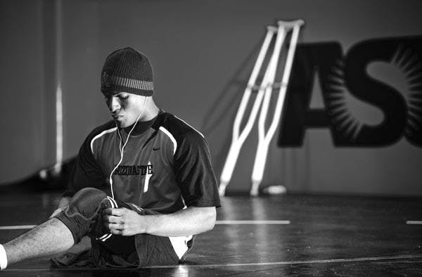 VETERAN PRESENCE: Senior Anthony Robles prepares before the annual Sun Devil Wrestle-Offs on Oct. 29. Robles, who wrestles in the 125-pound weight class, said the ASU wrestling team has adapted well to a number of newcomers. (Photo by Michael Arellano)