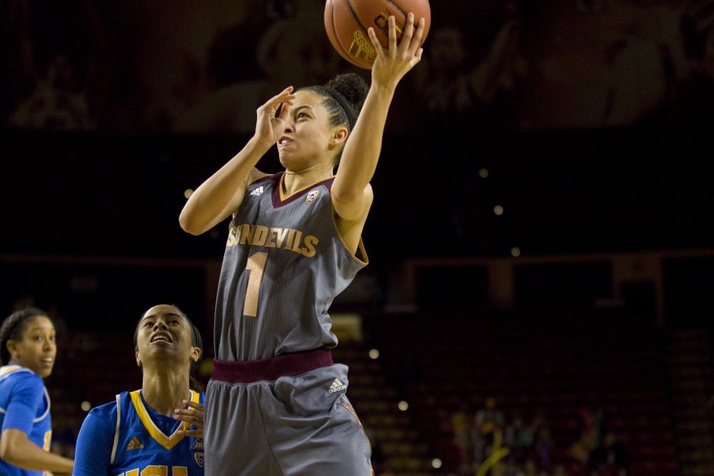 ASU freshman guard Reili Richardson (1) shoots a layup during a women's basketball game against the no. 15 ranked UCLA Bruins in Wells Fargo Arena in Tempe, Arizona on Sunday, Feb. 26, 2017. ASU lost 55-52.  (Josh Orcutt/State Press)