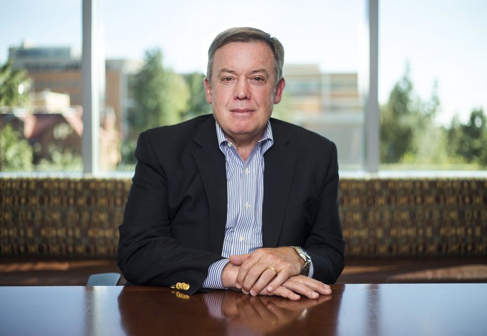 ASU President Michael Crow poses for a portrait in a Fulton Center conference room before a meeting with The State Press editorial board on March 2, 2017.