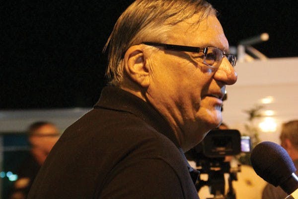 Maricopa County Sheriff Joe Arpaio was at the Tent City Protest in South Phoenix Saturday night to provide comments to the media regarding the controversial Senate Bill 1070 and immigration concerns in the state. (Photo by Shawn Raymundo)