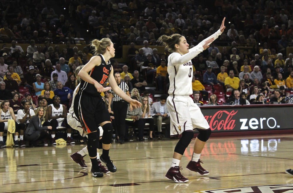 Redshirt junior Katie Hempen defends ASU’s basket as the team faces No. 9 Oregon State on Jan 25, 2015. ASU won against Colorado Friday night.(Kat Simonovic/ The State Press)
