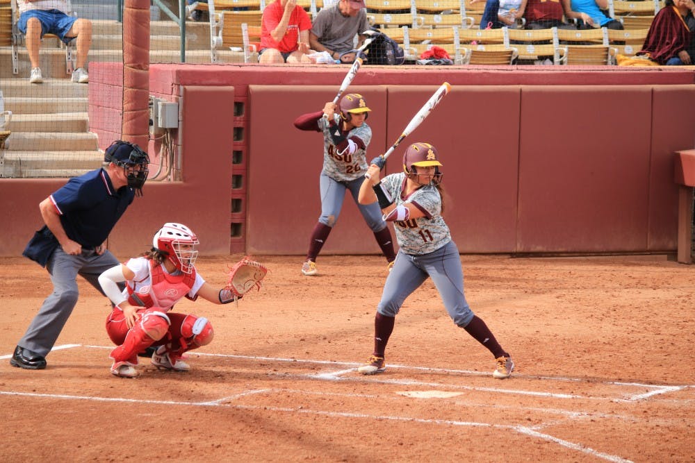 Senior short stop Chelsea Gonzales (11) lines up for a hit&nbsp;in a&nbsp;match against Indiana at Farrington Stadium in&nbsp;Tempe, Arizona, on Saturday, Feb. 11, 2017. The Sun Devils won the game 4-2.