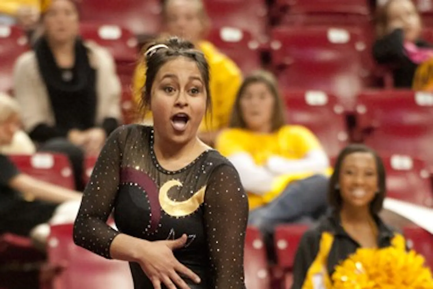 Freshman Risa Perez's floor routine was a fan favorite at Saturday's meet against Oklahoma. (Photo by Molly J Smith)
