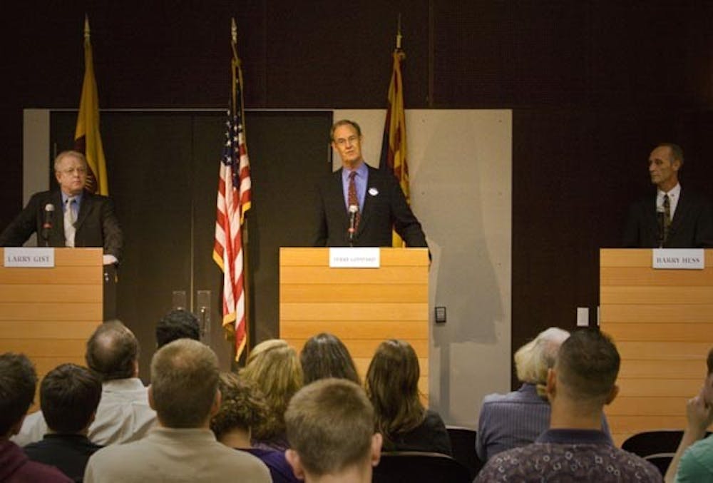 DEBATE FORUM: Three of the four candidates for governor spoke at a debate at ASU Wednesday. Gov. Jan Brewer was not in attendance. (Photo by Annie Wechter)