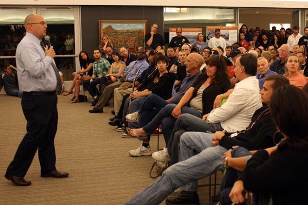 Tempe Police and community members attended a public forum Monday evening at the Tempe History Museum to address the arrest and citation of Clubhouse Music Venue owner Eugenia Ruven on suspicion of violating city security plans. (Photo by Shawn Raymundo)
