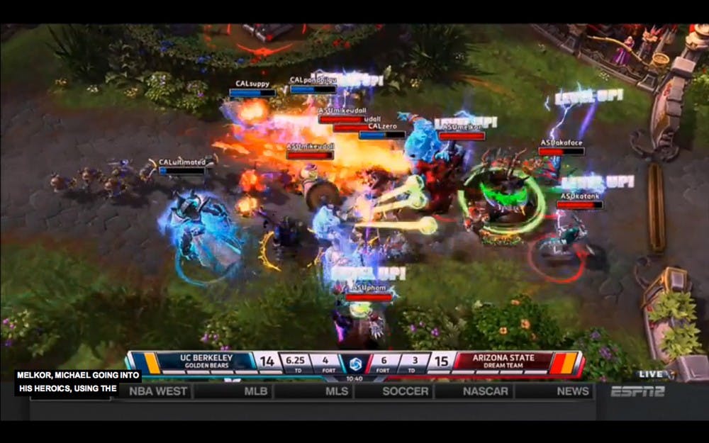 Teams from ASU and UC Berkeley compete in the final game of the Heroes of the Storm championship match on Sunday, April 26, 2015 in Los Angeles. The Golden Bears defeated ASU's Dream Team 3-2 to win the first eSports event broadcast live on American TV.