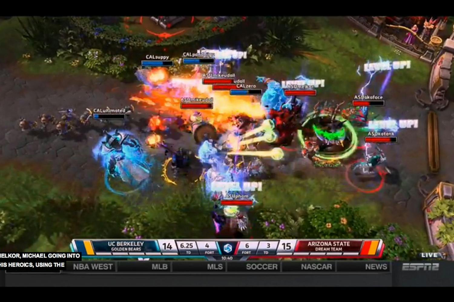 Teams from ASU and UC Berkeley compete in the final game of the Heroes of the Storm championship match on Sunday, April 26, 2015 in Los Angeles. The Golden Bears defeated ASU's Dream Team 3-2 to win the first eSports event broadcast live on American TV.