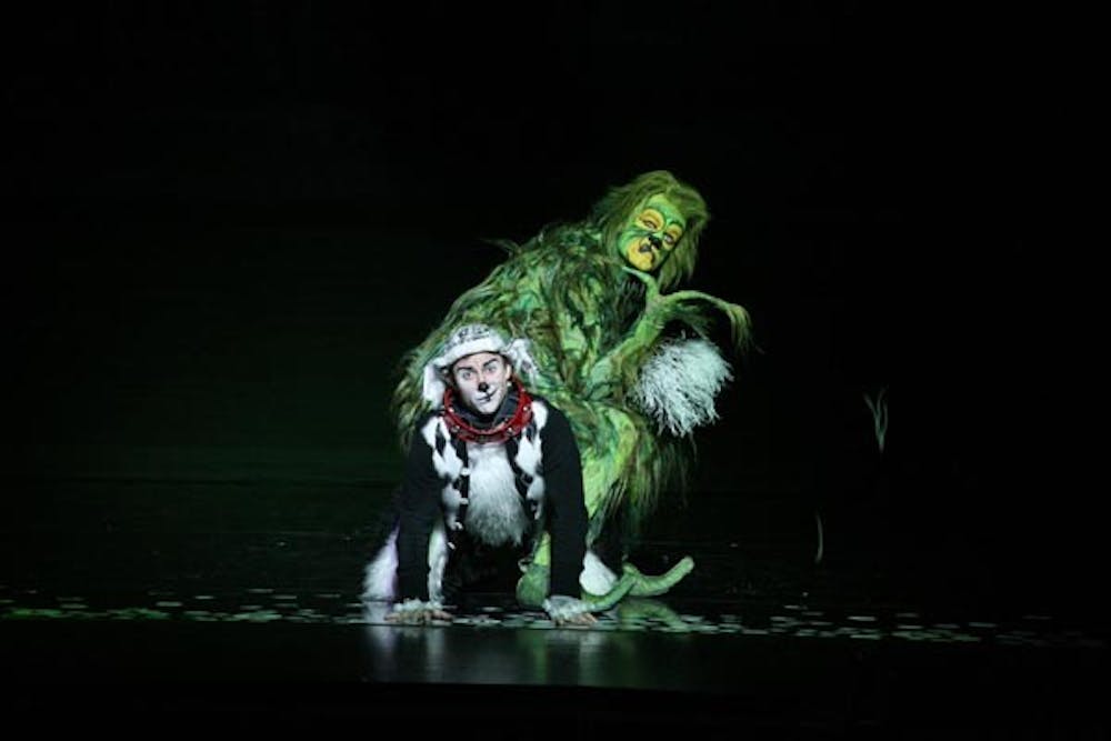 WHO’S WHO: Stefan Karl and Seth Bazacas star as the Grinch and his dog, Young Max, in “Dr. Seuss’ How the Grinch Stole Christmas! The Musical.” The show will play at ASU Gammage through Nov. 21. (Photo Courtesy of ASU Gammage)