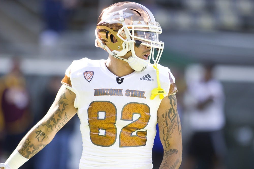 ASU sophomore wide receiver Jalen Harvey (82) warms up before a game versus the Oregon Ducks in Autzen Stadium in Eugene, Oregon, on Saturday, Oct. 29, 2016.